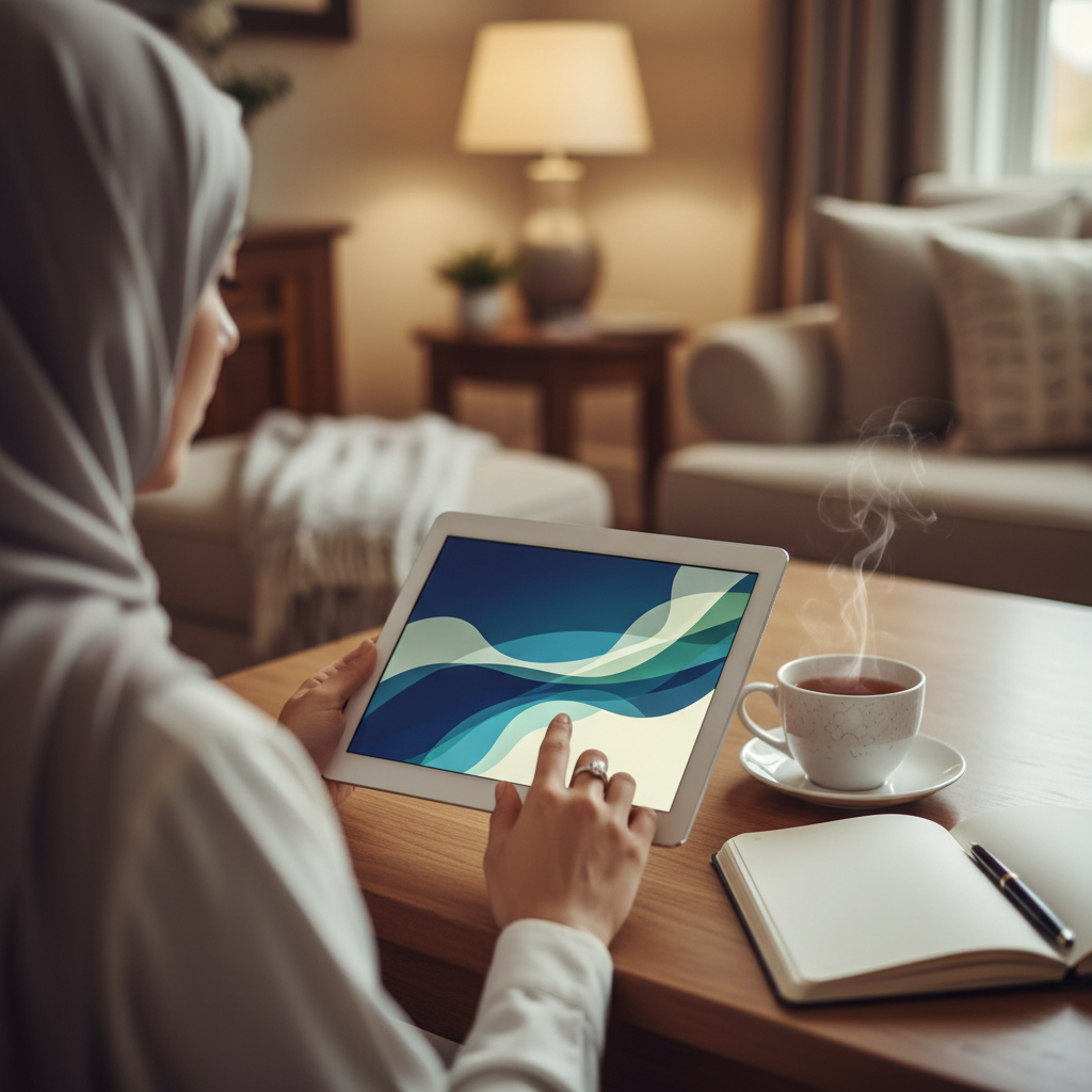 Muslim woman engaging in digital Quran study on a tablet with tea, representing worship during menstruation.