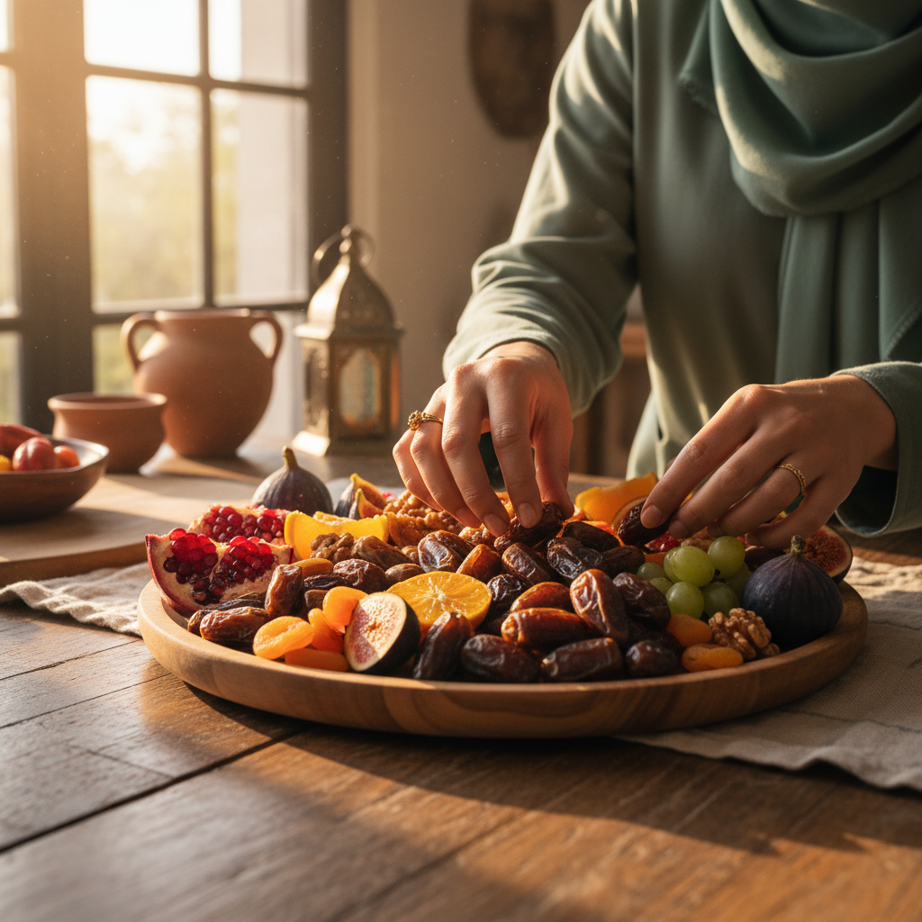 Woman preparing dates and fruit for Iftar, symbolizing the reward of feeding fasting people.